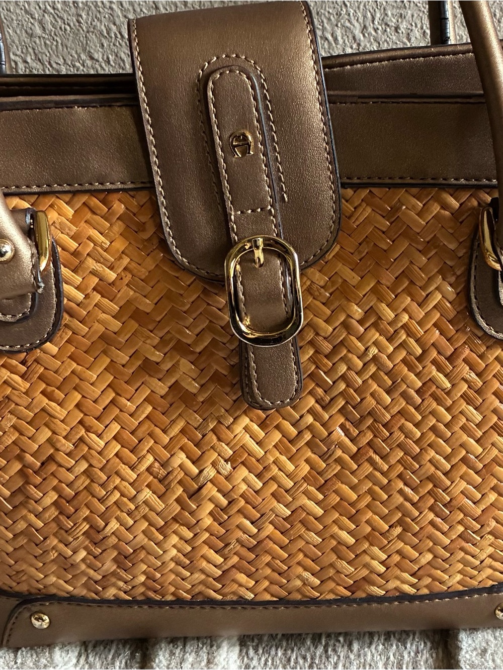 Etienne Aigner Woven Straw Tote with Brown Leather and Gold Hardware